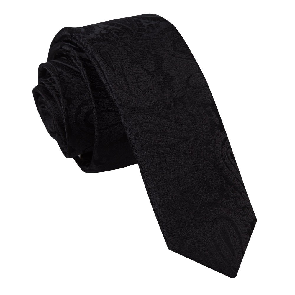 DQT Mens Paisley Floral Jacquard Tie - 5cm Skinny Width Necktie - Wedding, Business & Formal - Black