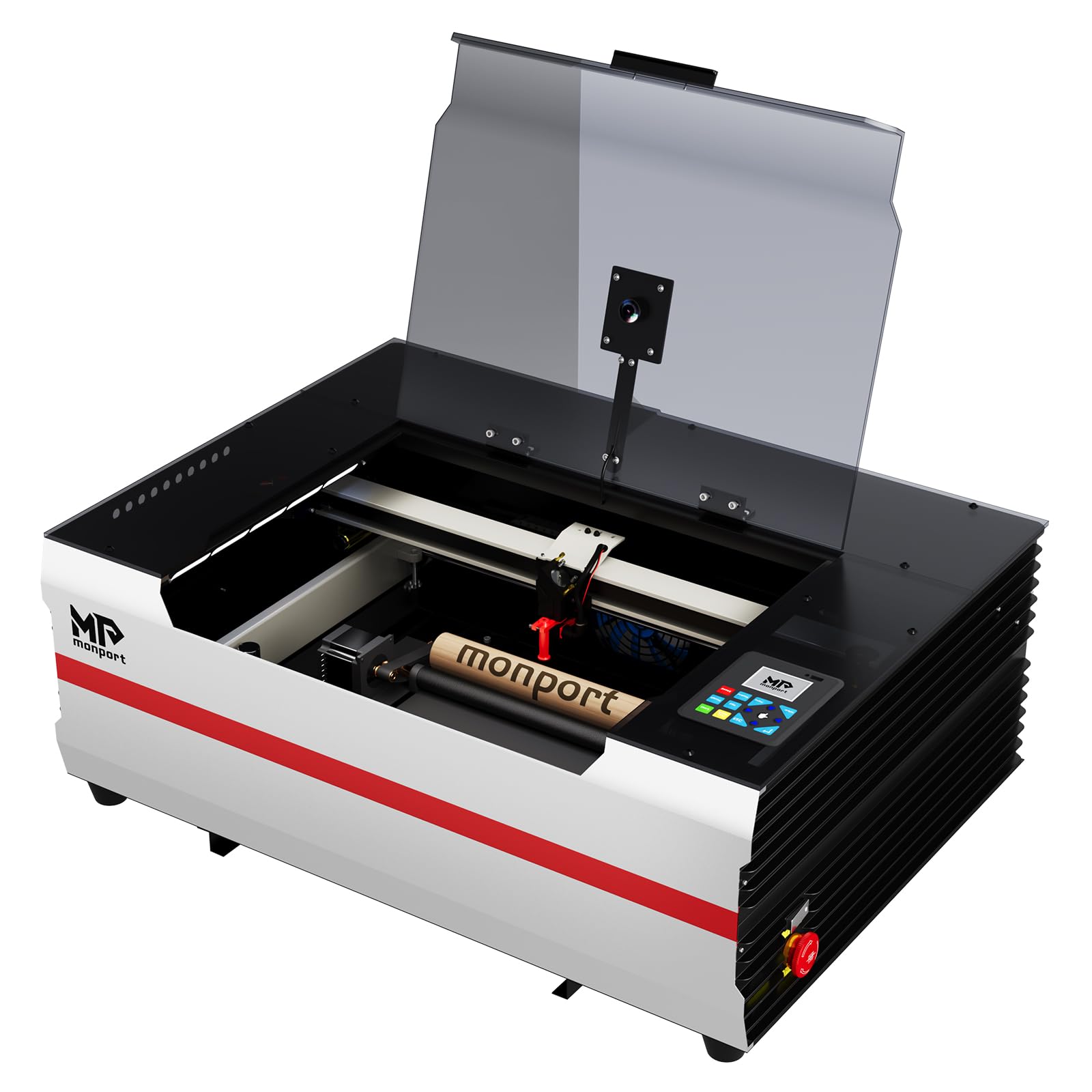 Grabador láser de CO2 de escritorio Monport Reno 45 Pro Vision Upgrade de 45 W, mesa de trabajo de 16 x 12, máquina de grabado láser, cámara HD de 8 MP y enfoque automático asistido magnética, eje Z ajustable para madera, acrílico y vidrio.