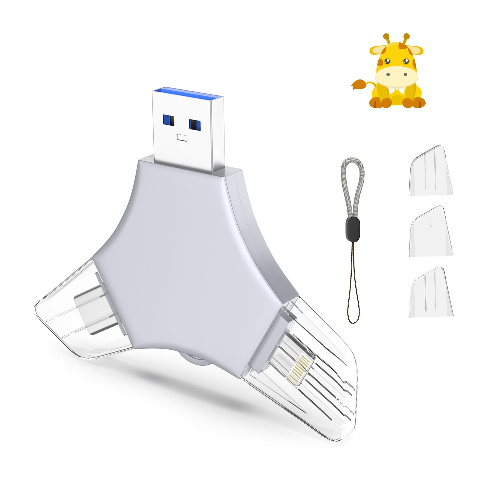 USB 3.0 Flash Drive 64gb for iPhone, 3in1 External Memory Picture Keeper Storage Stick for Photo/Video/Data Saver/Backup, V10.87High Speed Thumb Drives for iPhone/iPad/Android/PC - Hoary