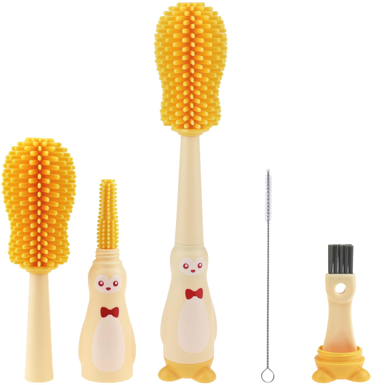 AuerllcySilicone Bottle Cleaning Brush for Baby, 4-in-1 Baby Bottles Cleaner Set - Bottle/Straw/Nipple/Neck Brushes (Yellow)