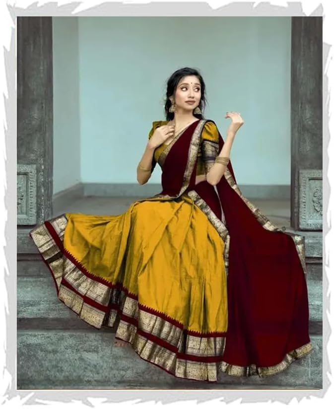 Women Cotton Blend Semi Stitched Gold Yellow Color South Indian Style Semi-Stich Traditional Lehenga Choli Half Saree, 41