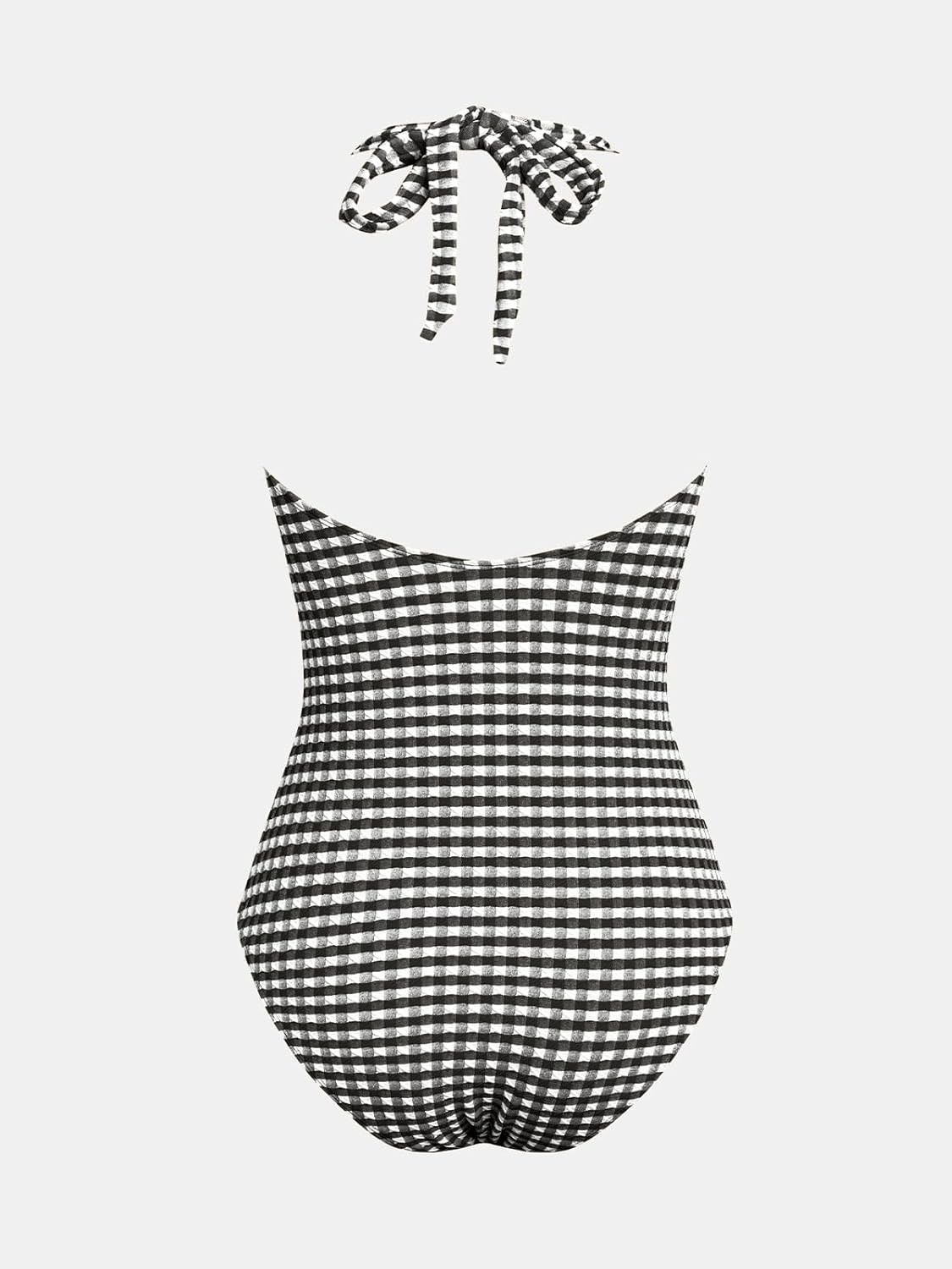 CUPSHE Women's One Piece Swimsuit Halter Strap V Neck Bathing Suit Backless Full Coverage Color Block Swimwear