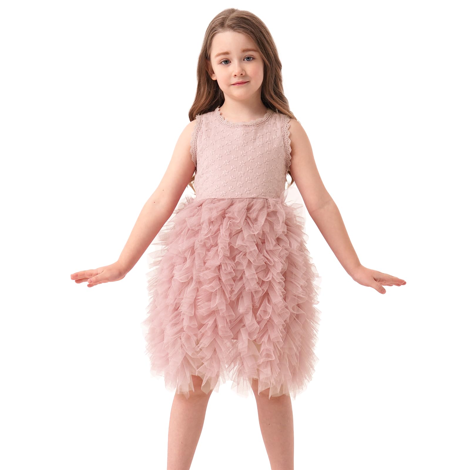 Miipat Vestido De Tul para Niñas Pequeñas, Vestidos De Princesa Sin Mangas De Verano con Bordado De Flores con Volantes