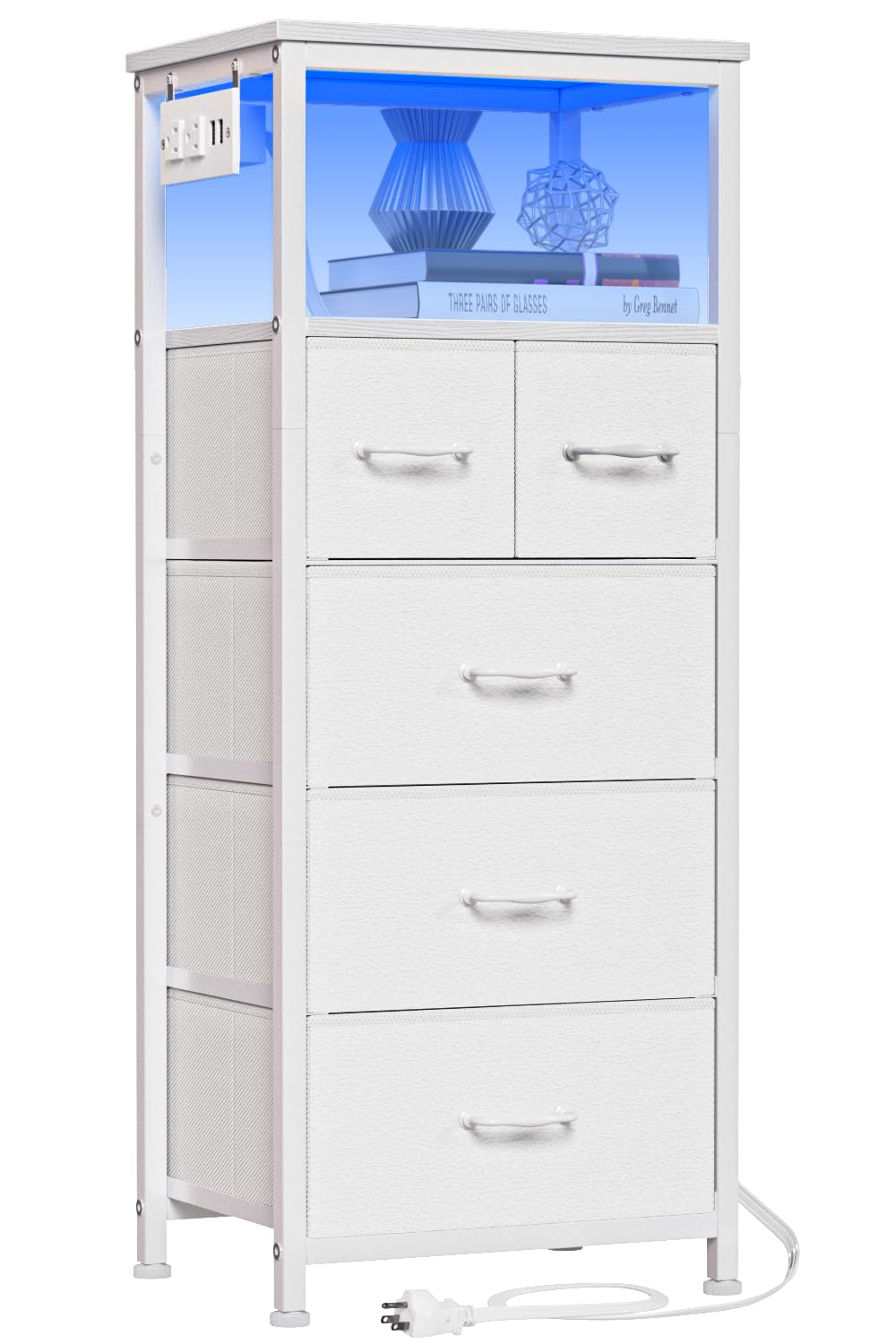 FurnulemDresser for Bedroom, Tall Nightstand, Vertical Chest with Wood Top, Charging Station, LED Lights, 5 Fabric Bins, Bedside Table with Shelf, Furniture for Entryway, Dorm (5 Drawer, White)