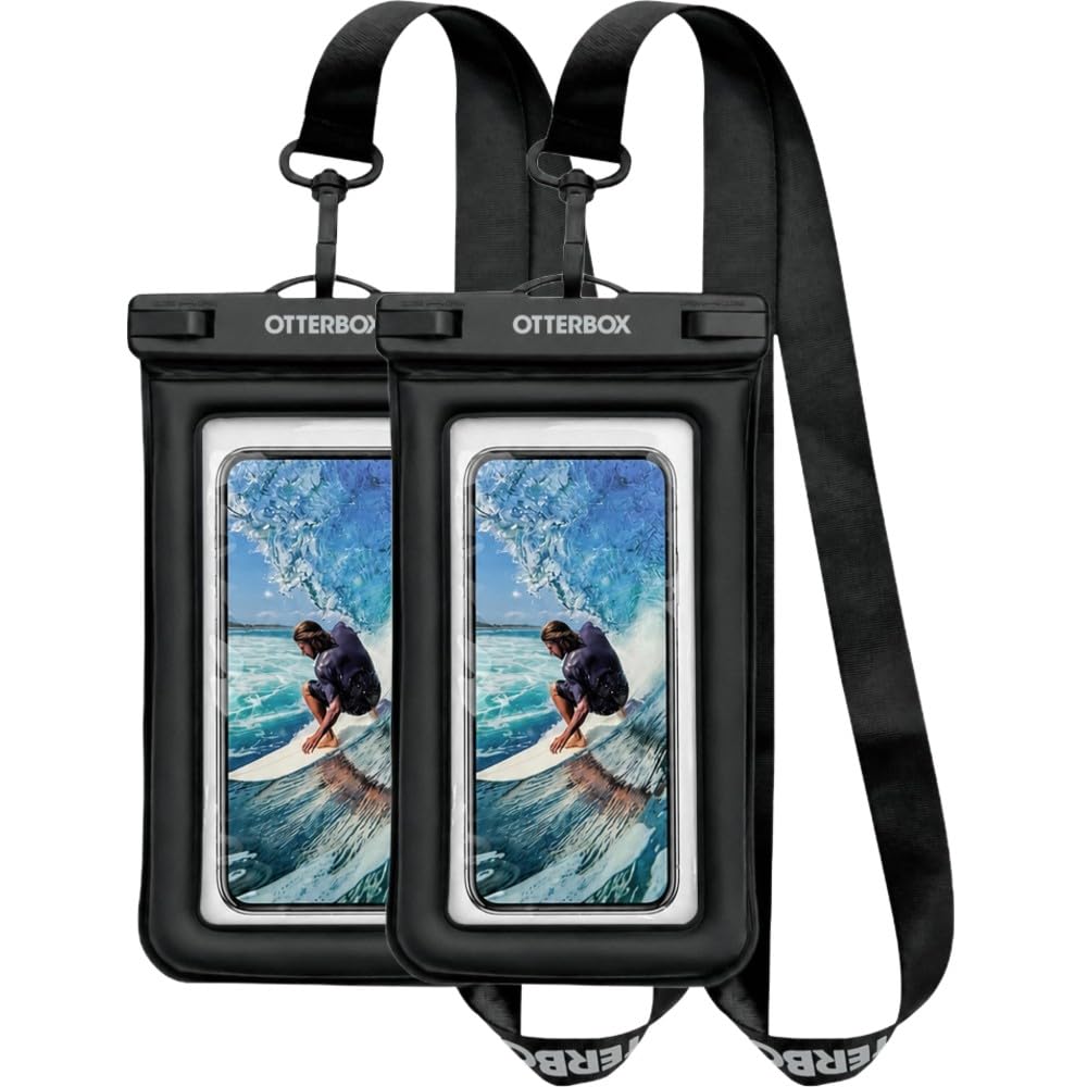 OtterBox Wasserdichte Universal-Handytasche, IPX8, tauchfähig, mit robustem Clip und Umhängeband, transparente PVC-Touchscreen-Hülle für Strand, Reisen, Bootfahren und Pool, Schwarz, 2 Stück