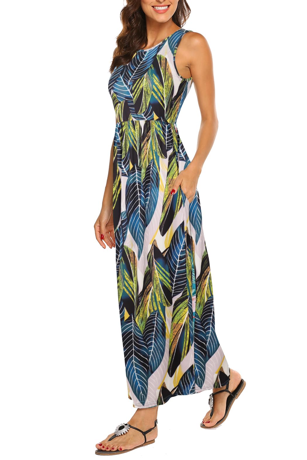Women's Summer Sleeveless Striped Flowy Casual Long Maxi Dress with Pockets