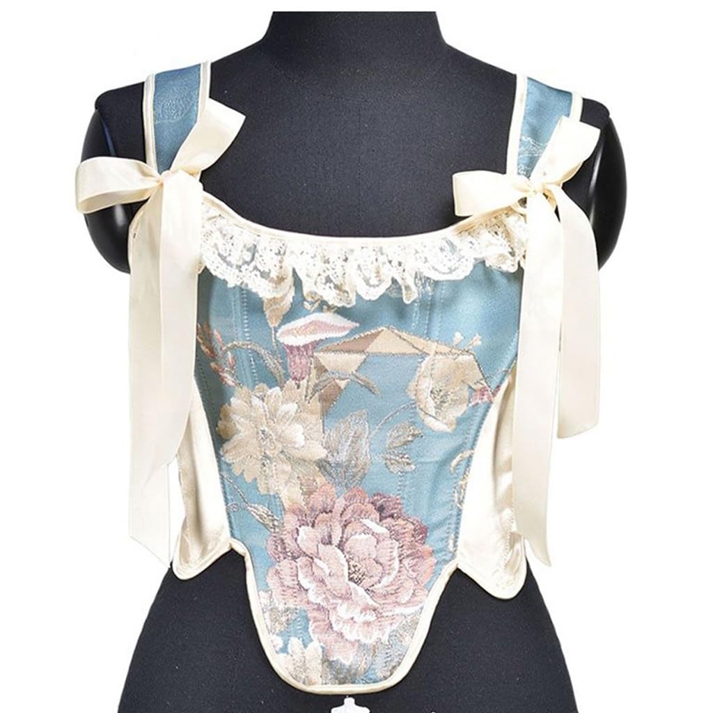 HIONJIN Vintage Oil Painting Print Corset Women Waist Trainer Low Cut Tie Up Ruffle Camisole Crop Top Bandage