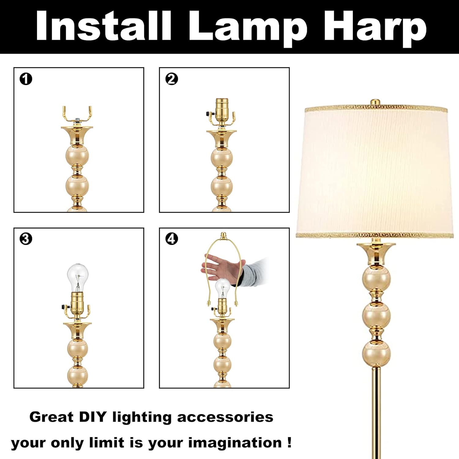 12 Inch Detachable Lamp Shade Harp Holder for Table and Floor Lamps,2 Set Heavy Duty Lamp Shade Bracket with 3/8 Standard Saddle and Lamp Finial,Polished Brass
