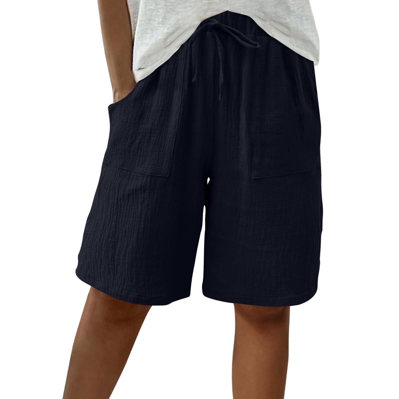 Generico Bermuda Donna Estivi Cotone Coulisse al Ginocchio Pantaloncini Curvy Elastica in Vita Traspiranti Tinta Unita Pantaloni Corti Eleganti con Tasche da Spiaggia Mare e Tempo Libero