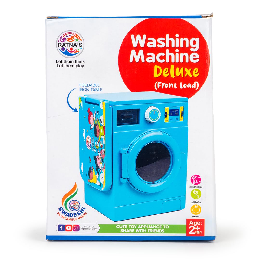 Ratna's Washing Machine Deluxe Blue Color with Front Load Door & Foldable Iron Table Household Pretend Play Role Play Plastic Toy for Kids 4