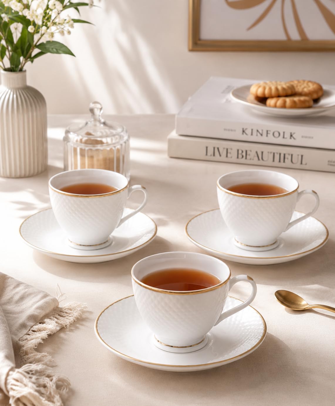 Femora Ceramic Gold Line Diamond Cut White Cup 6 Pcs with Saucer Set of 6 Pcs Tea/Coffee Cups 200 ml |Microwave & Dishwasher Safe Crockery Set Ideal for Daily Use & Gifting, White 1