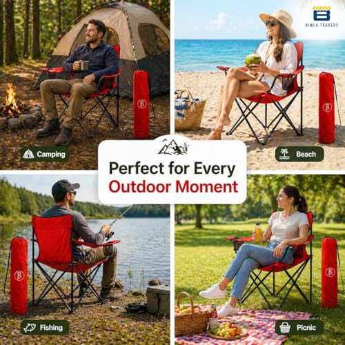 Image of BTAG Foldable Camping Chair with Armrest & Cup Holder, Portable Outdoor Chair with Carry Bag for Camping, Picnic, Fishing & Travel - RED