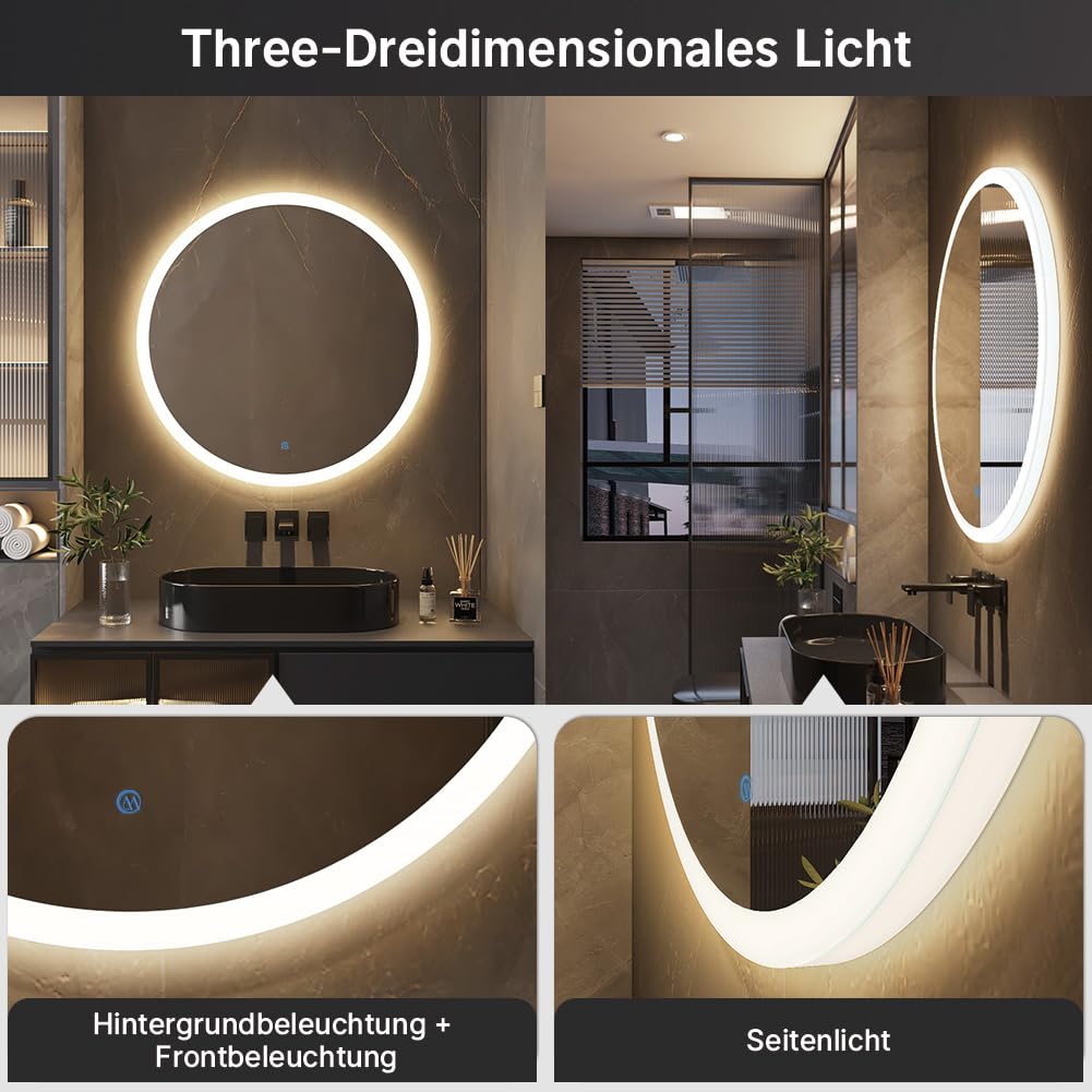 80cm Runder Badspiegel mit Beleuchtung, 3D Edge Lighting, 3 Farbtemperaturen, Dimmbar, Badezimmerspiegel mit Beleuchtung, Entfogging, Speicherfunktion, Modernes Design, HD, Touch-Schalter