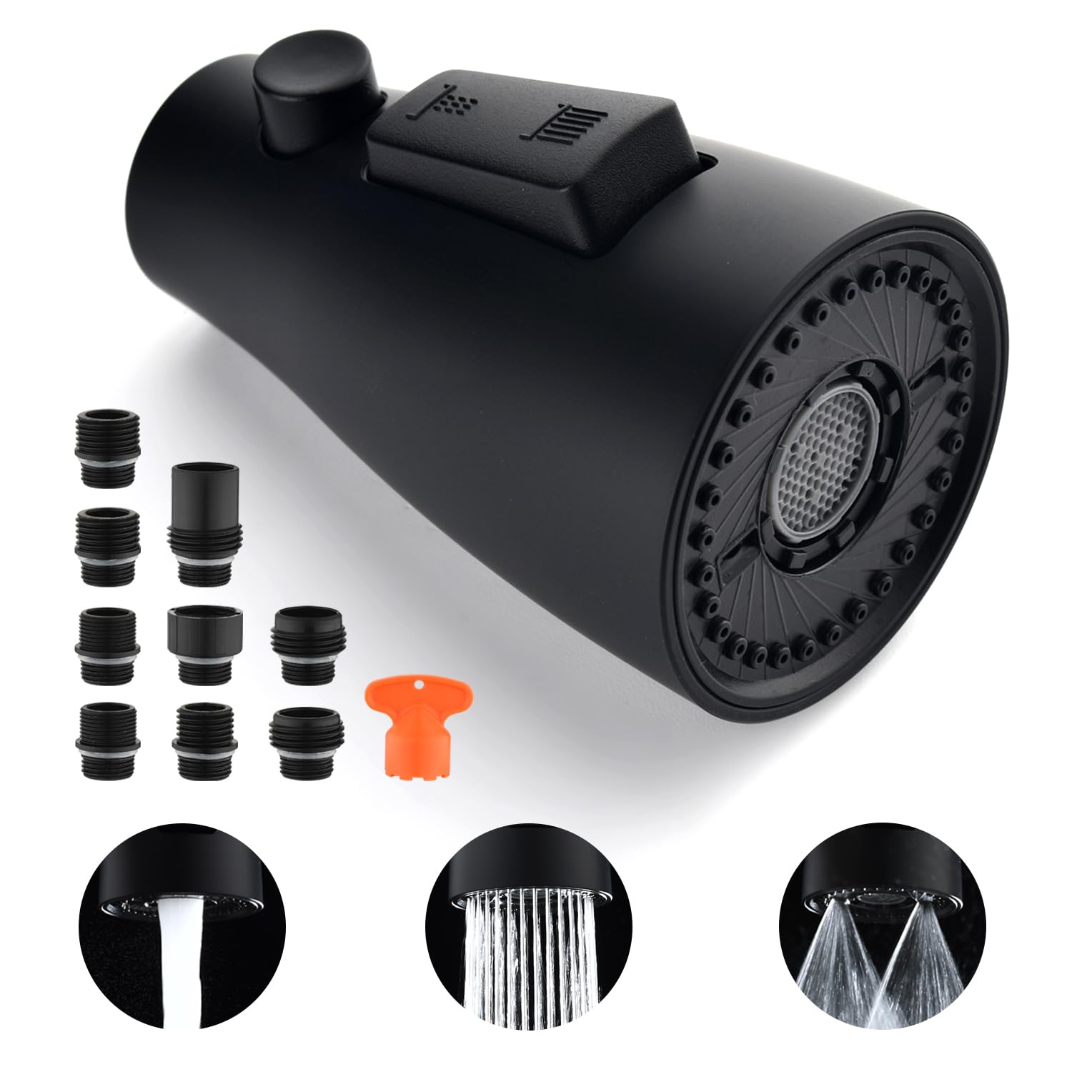 [Upgraded] GORDEE Kitchen Faucet Sprayer Head Replacement, 3-Function(Stream/Spray/Aqua Blade) Sprayer Spout Nozzle w/Check Valve, 1.8 GPM, 9 Adapters to Fit All Standards of Faucets, Matte Black