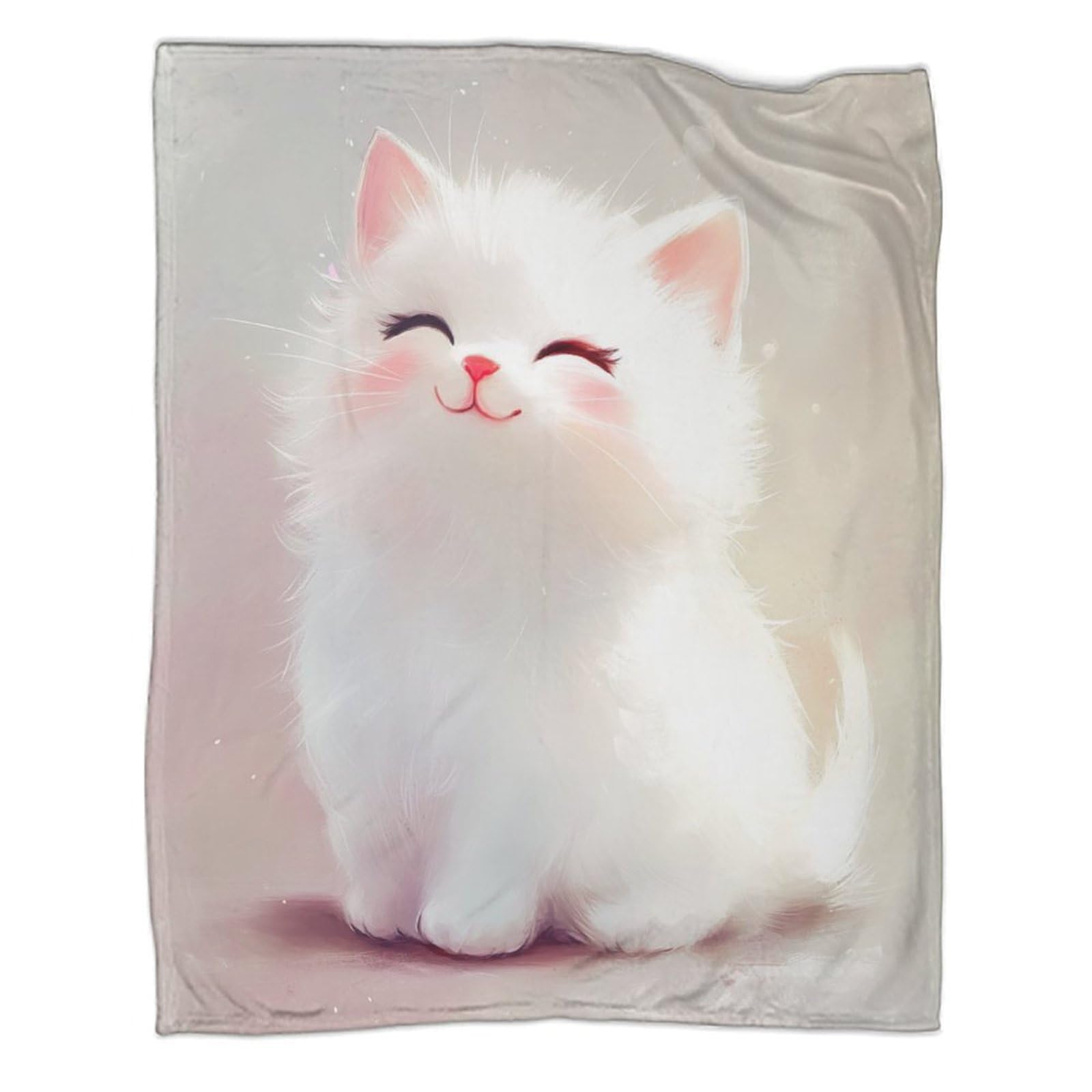 Couverture polaire blanche motif chat pour cocooning sur le canapé