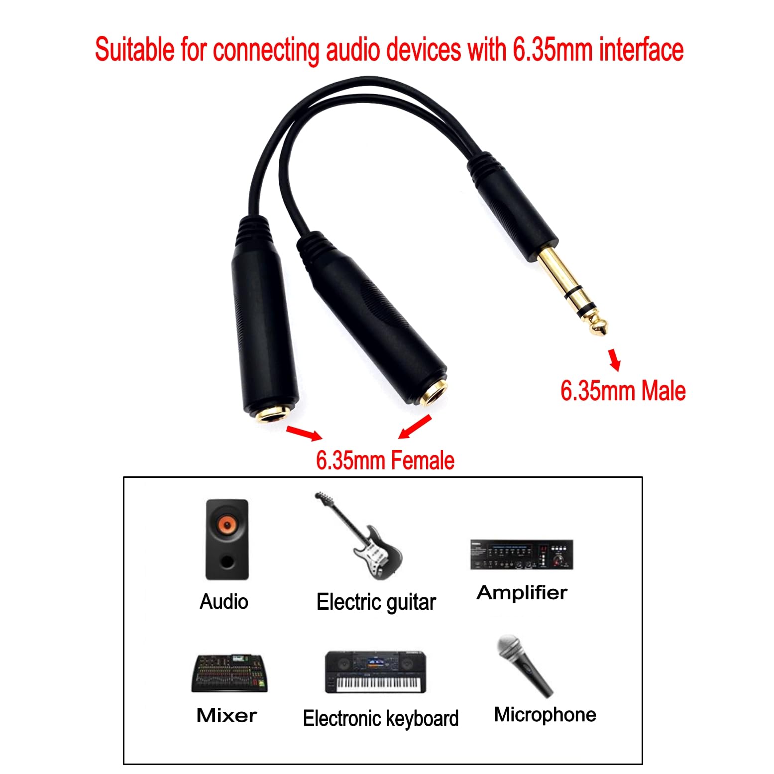 Cavo Splitter 6,35 Mm Stereo Maschio A 2 Femmine – Y Audio In Rame OFC Schermato Per Cuffie E Interfacce – Lunghezza 30 Cm