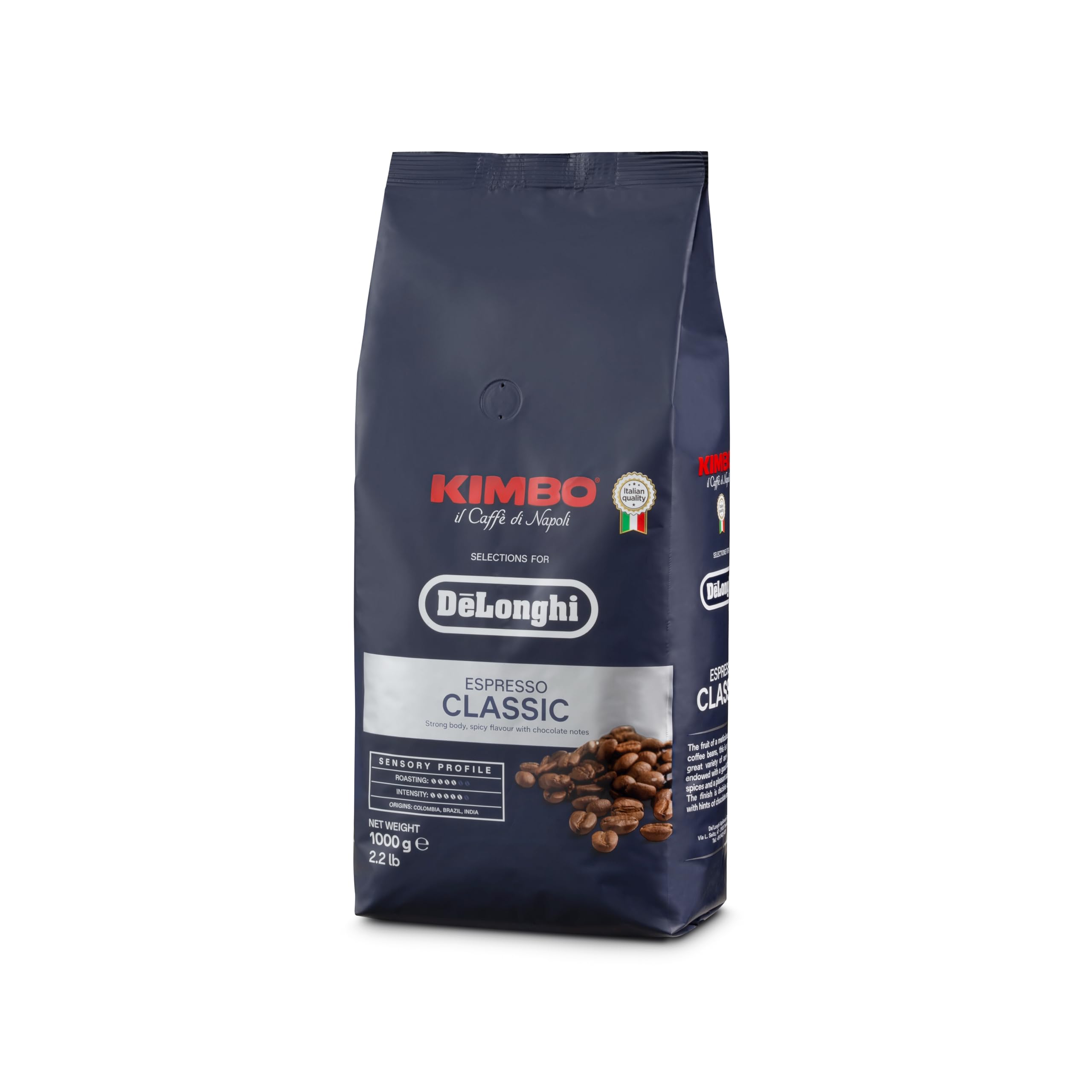 De'Longhi Kimbo DLSC611 Caffè in grani 35% Arabica e 65% Robusta per Macchine da Caffè Automatiche, 1KG, Made in Italy, Tostatura media, Gusto Speziato e Caramello, Origine Brasile, Colombia e India