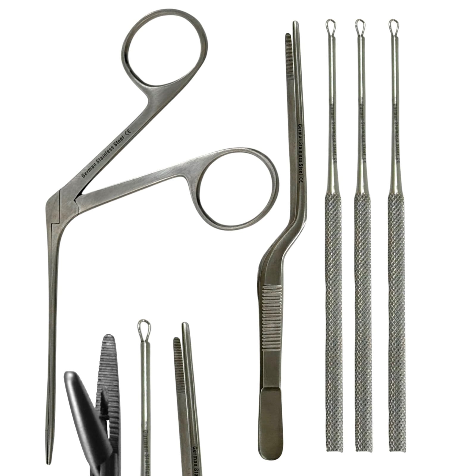 Set of 5pcs Alligator Forceps 3.5in with Loop Curettes & Adson Bayonet Forceps, Blunt, Serrated Tips | Ear Wax Removal and Foreign Object Retrieval | German Stainless Steel Instruments
