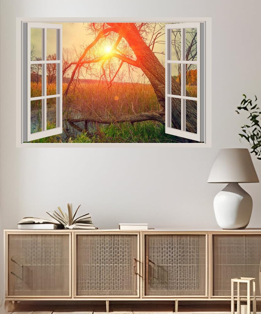 JVERF - JZZA29361 Sunrises and Sunsets Trunk Tree Swamp Grass Sun| Self-Adhesive Open Window Wall Sticker