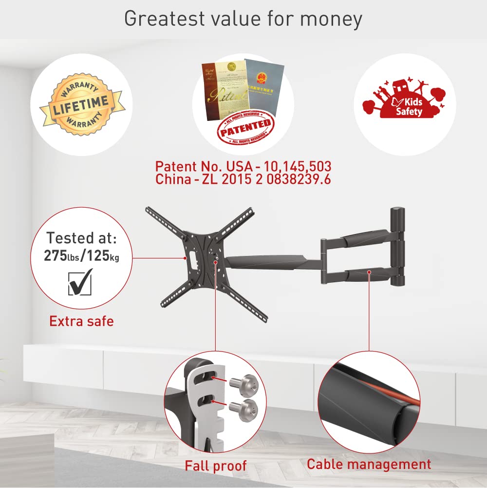 Barkan 40'' Long TV Wall Mount, 13 - 83 inch Full Motion Articulating - 4 Movement Flat / Curved Screen Bracket, Holds up to 110lbs, Extremely Extendable, Fits LED OLED LCD, Black