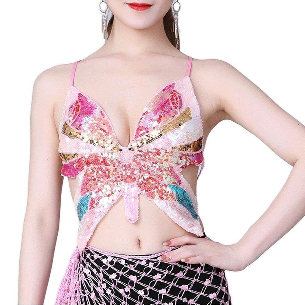 Wudaizhi Damski cekinowy crop top z motylem - do klubu, strój plemienny, odzież taneczna, brokatowy biustonosz na Halloween, rave, imprezę, festiwal