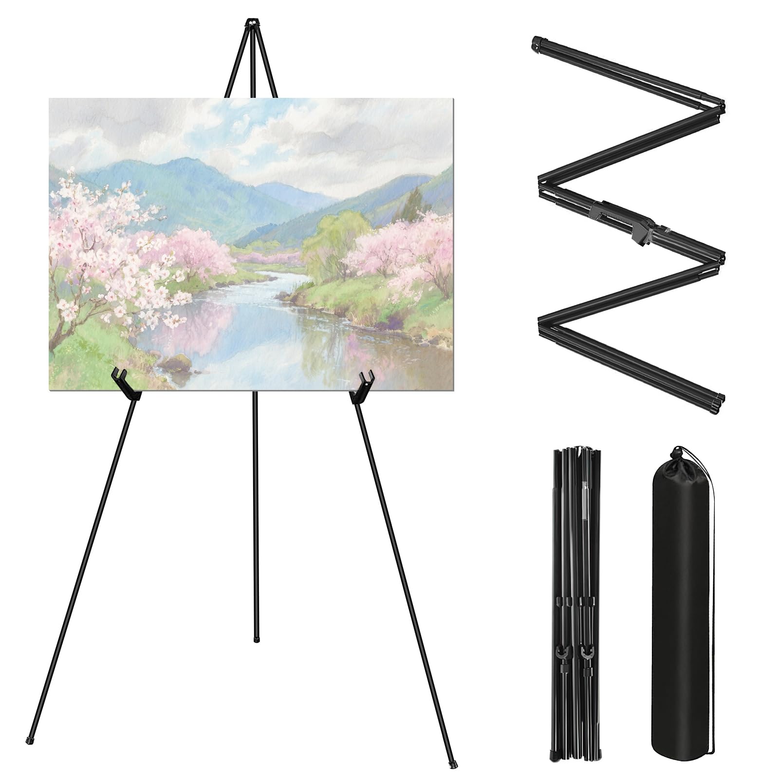 Woobroo Display Easel Stand for Wedding Sign, 160CM Collapsible Tripod Easel for Wedding Banners, Painting Canvas, Posters with Adjustable Plastic Clips & Carry Bag (Black)