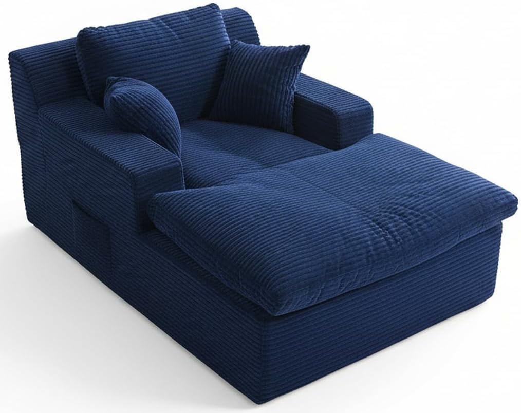 Afuson 63" Chaise Lounge Chair Indoor, Set of Convertible Sleeper Sofa Couch with Throw Pillows & Side Pockets, Corduroy Upholstered Oversized Sofa Bed with Armrests for Living Room Bedroom, Blue