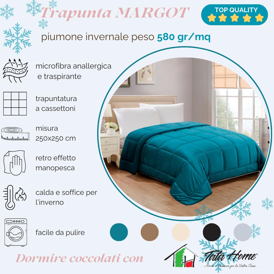Trapunta Invernale Matrimoniale Imbottita Super Soffice e Calda da 580 gr/mq Tessuto Vellutato Piumino Caldo ad Effetto Flanellato Coperta Letto Invernale Misura 250x250 cm Mod. Margot Colore Ottanio