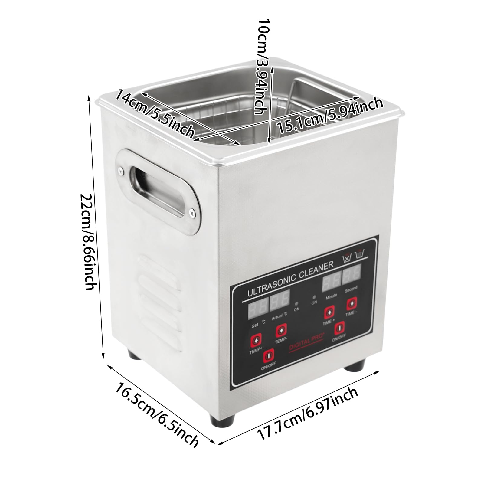 Pulitore a ultrasuoni, 40 kHz, 2 l, in acciaio inox, con riscaldamento e