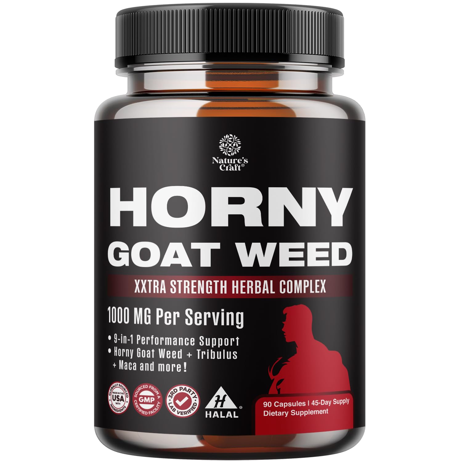 Natures Craft Horny Goat Weed for Men - Extra Strength Male Supplement with Black Maca Root, Tongkat Ali, Saw Palmetto & Panax Ginseng Extract for Stamina & Energy - 90 Capsules