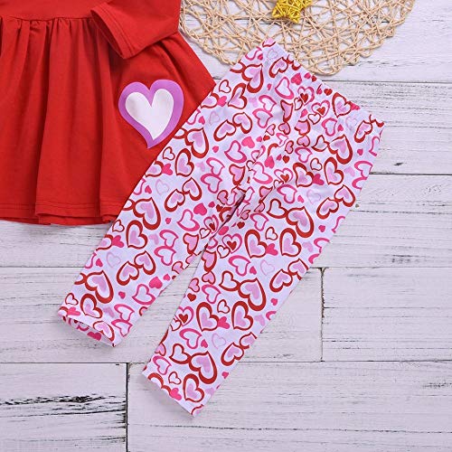 Toddler Baby Girl Valentine\'s Day Outfits Ruffle Tunic Top Dress Shirt Carriage Love Heart Print Flare Pants Clothes Set (Red-Pink Heart, 1-2T)