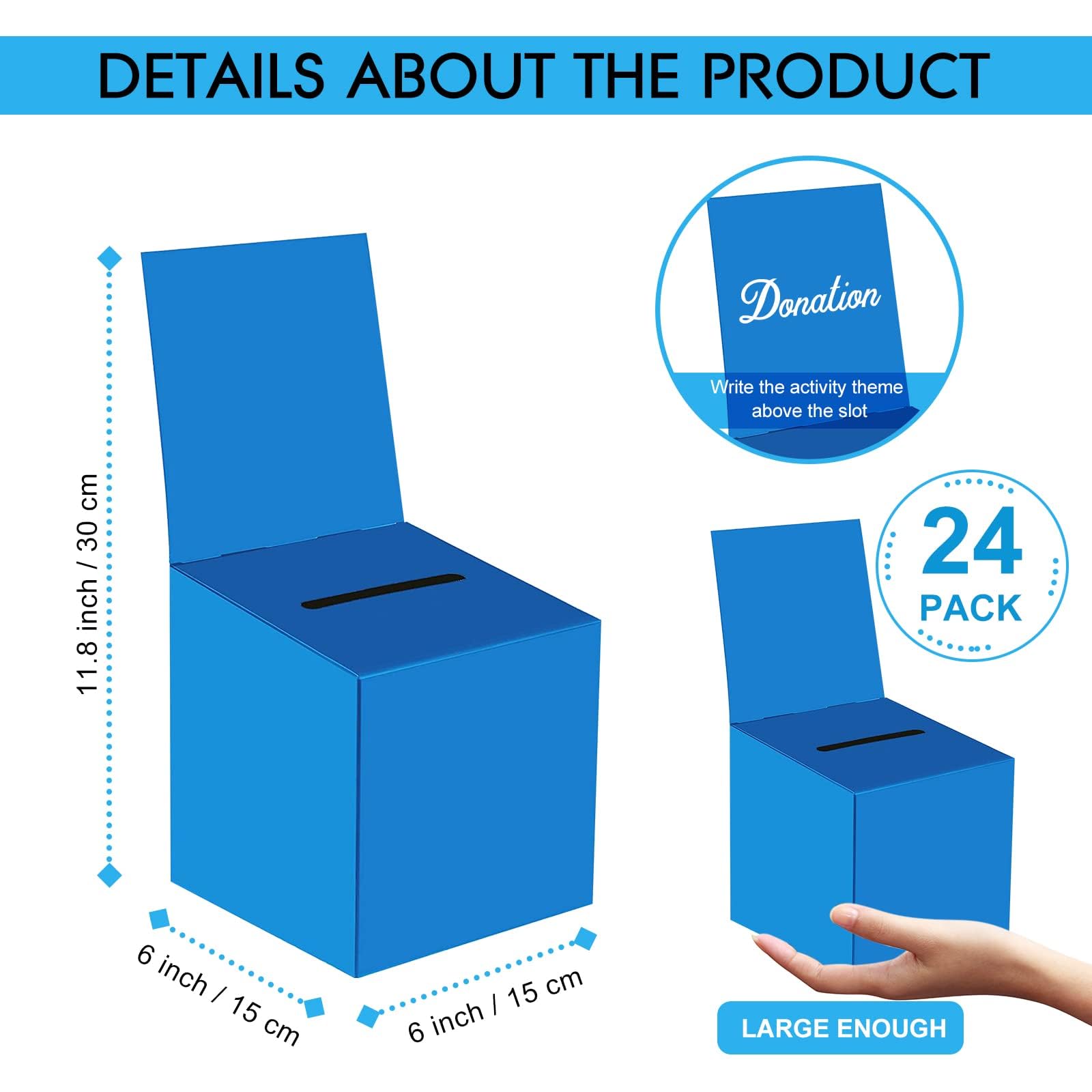 Paquete de 24 cajas de rifa, urnas con ranura, cajas de cartón de 6 x 6 x 6 pulgadas con ranura para boletos y cabecera extraíble para coleccionar tarjetas de visita y concurso de votación (24, azul)