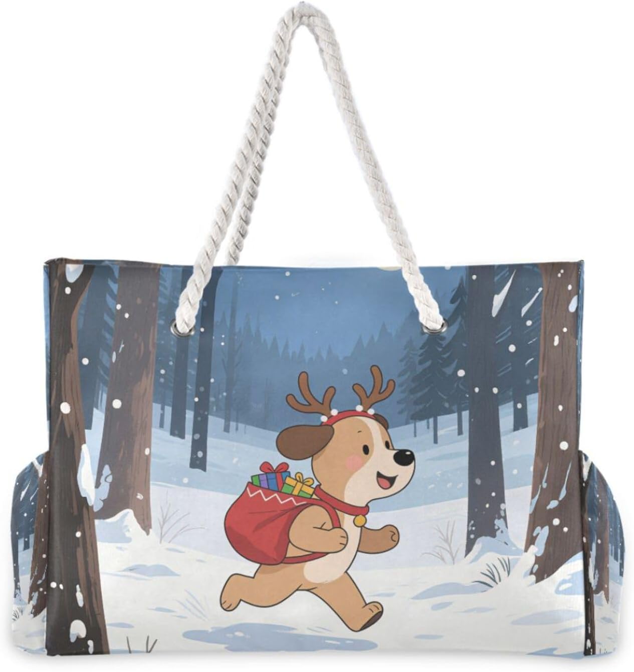 OTVEE Cute Dog for Christmas Day Beach Bags for Women Ladies Large Canvas Tote Shoulder Bag Waterproof Travel Bags for Gym Swim Pool Camping