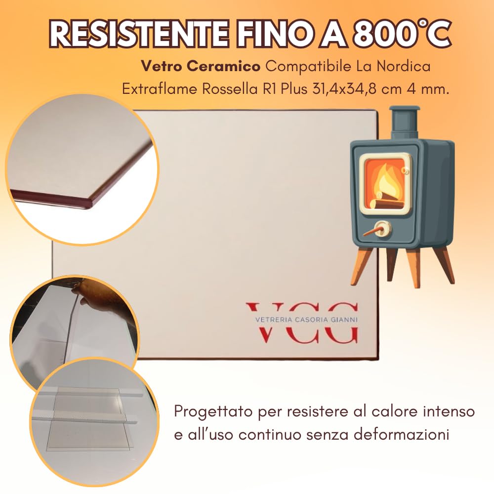 Vetro Ceramico Universale per Stufa a Legna Compatibile La Nordica Extraflame Rossella R1 Plus 31,4x34,8 cm 4mm | Ricambio Vetro Resistente 800° per Camino e Stufe a Pellet Certificato