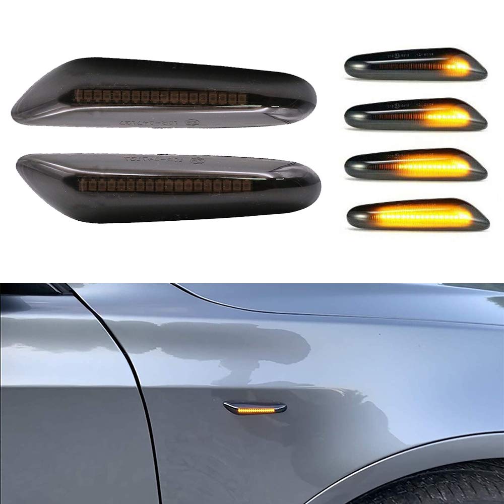 KYYET Amber Dynamic LED Front Fender Sequential Blinker Turn Signal Lamp For E90 E91 E92 E93 E46 E60 E53 X3 E83 X 1 E84 E81 E82 E87 E88 Smoke Lens Side Marker Light