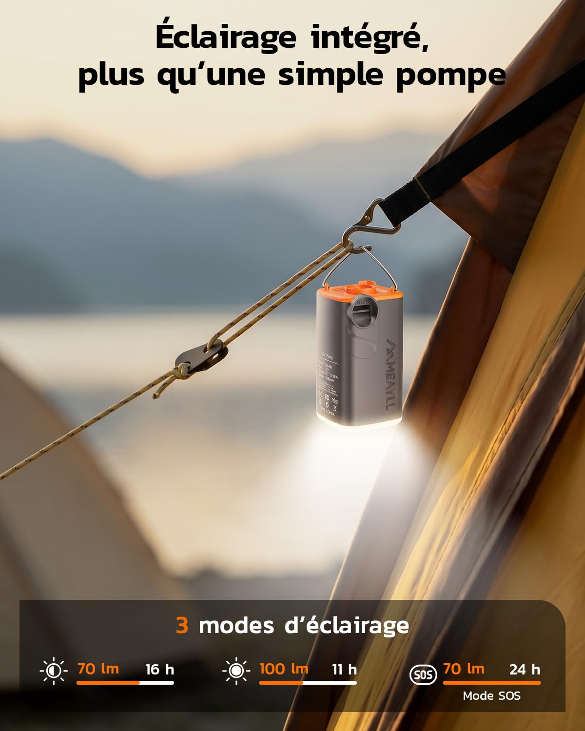 Pompe à air électrique Rechargeable 3000 mAh, Mini gonfleur 4,5 kPa 280 L/Min USB-C avec Fonction gonflage et dégonflage, Lampe LED, 5 Buses pour Matelas Gonflable, bouée, Sac sous Vide, Camping