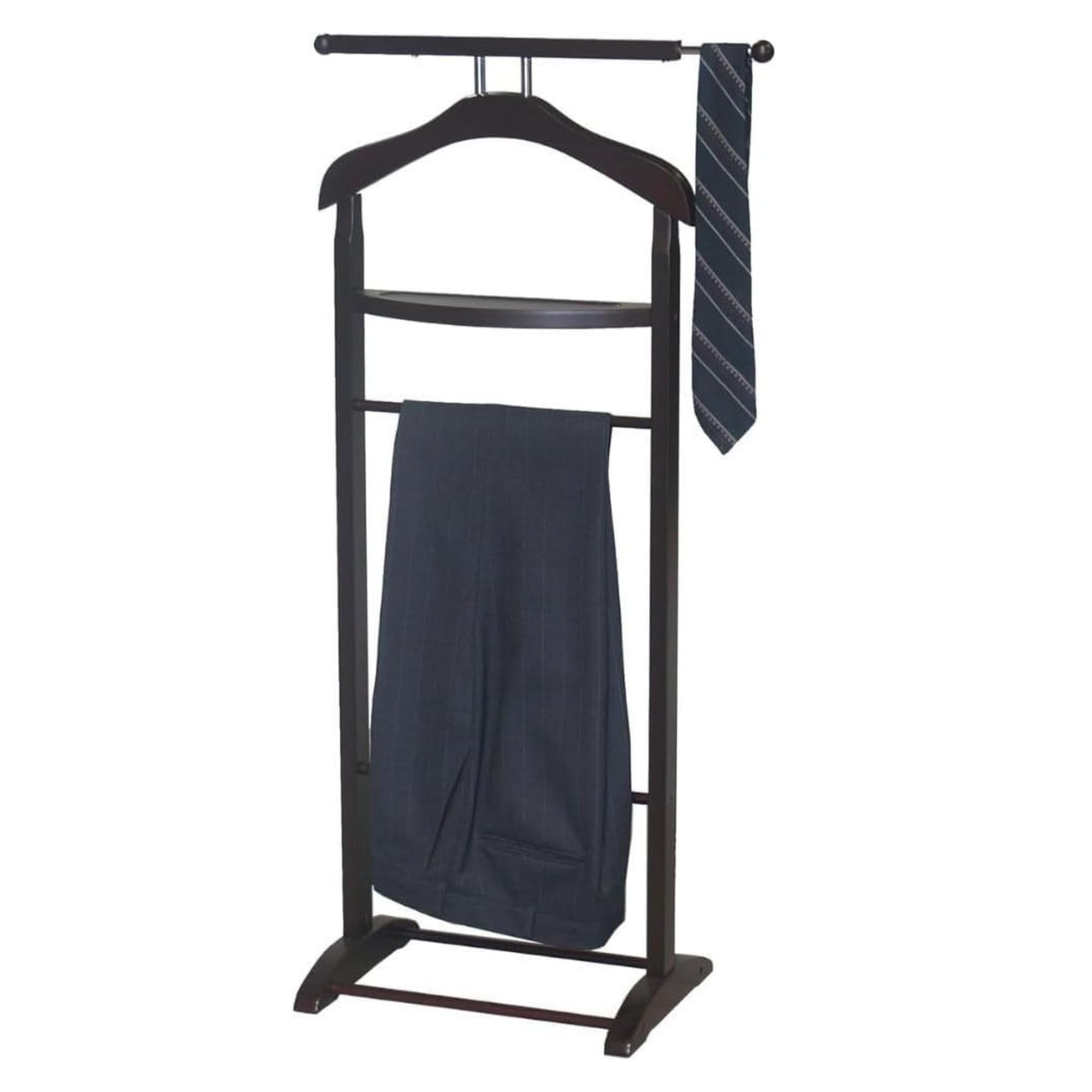 Oakestry Wooden Suit Valet Stand with Hanger Trouser Bar Storage Tray Elegant Wardrobe Organizer for Men Bedroom Office, Walnut Finish-image-8