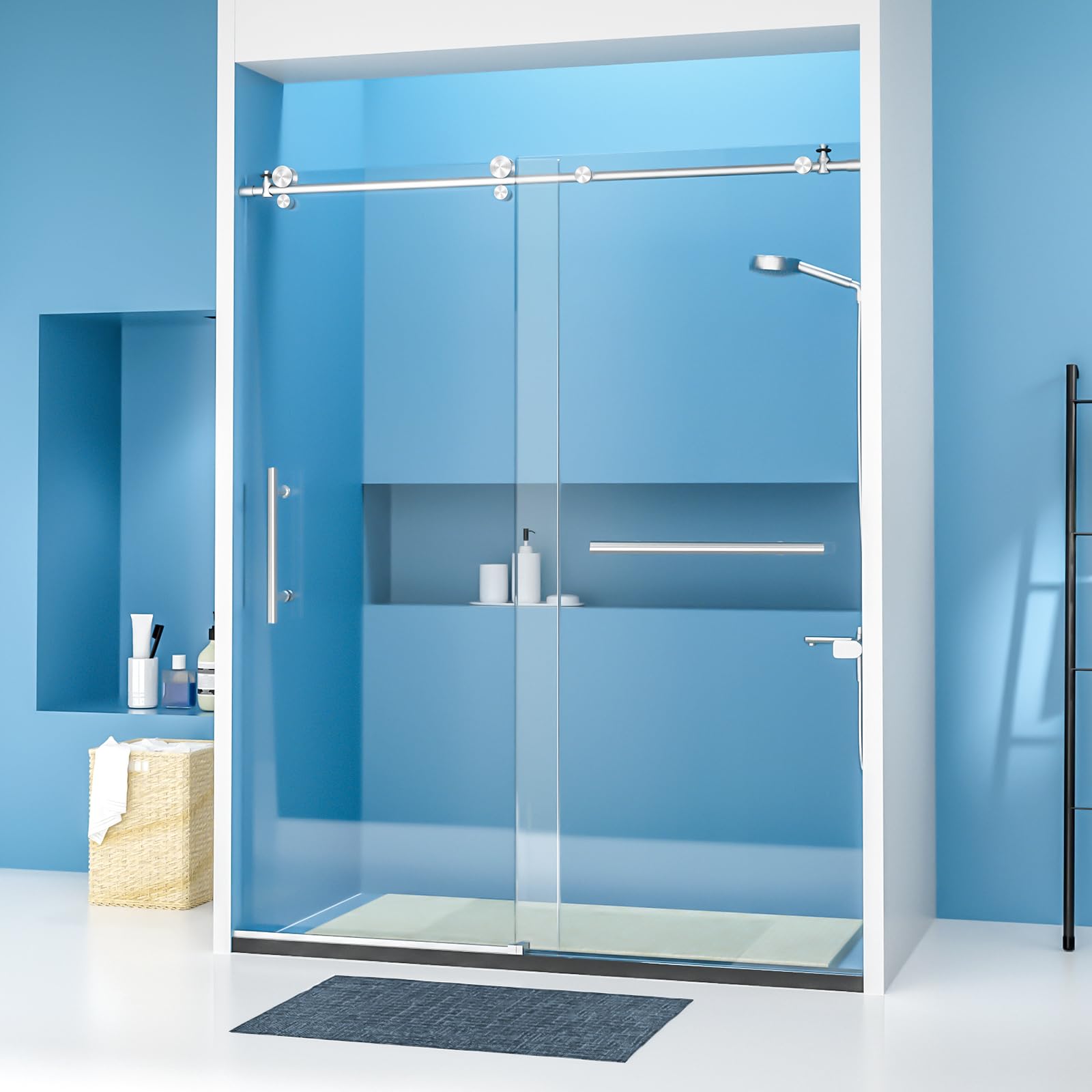 60" w x 74" h frameless sliding shower door, shower glass door with 1/4 inch clear tempered glass, explosion-proof film, stainless steel hardware, brushed nickel