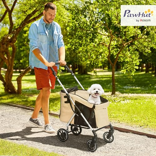 PawHut Hundewagen leicht Hundebuggy aus Aluminium klappbar für Hunde & Katzen Katzenbuggy mit Kissen Netzfenstern Türen Aufbewahrungskorb Katzenwagen Mini-Hundewagen für kleine Hunde Khaki