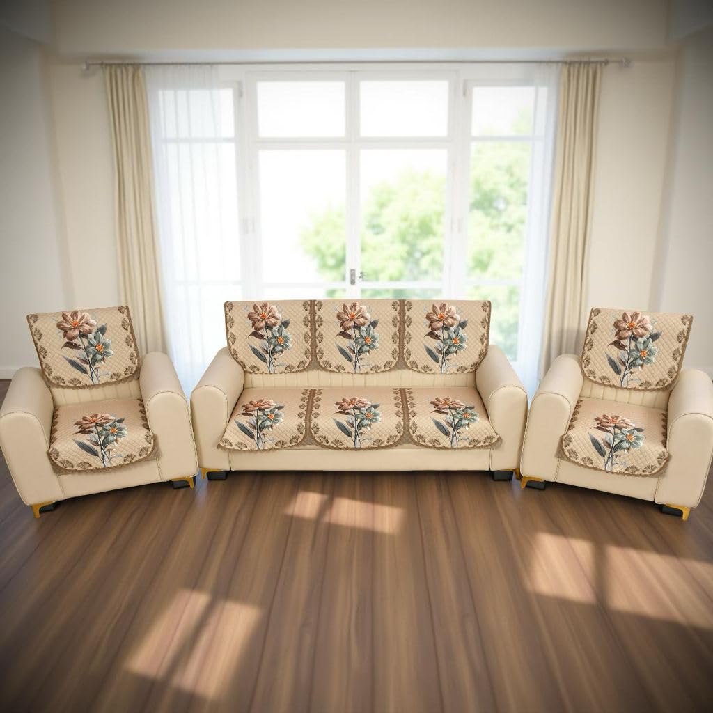 Floral Sofa Cover Set, Beige, 5 Seater, Quilted Design, for 3+1+1 Sofa-Pack of 10-image-35