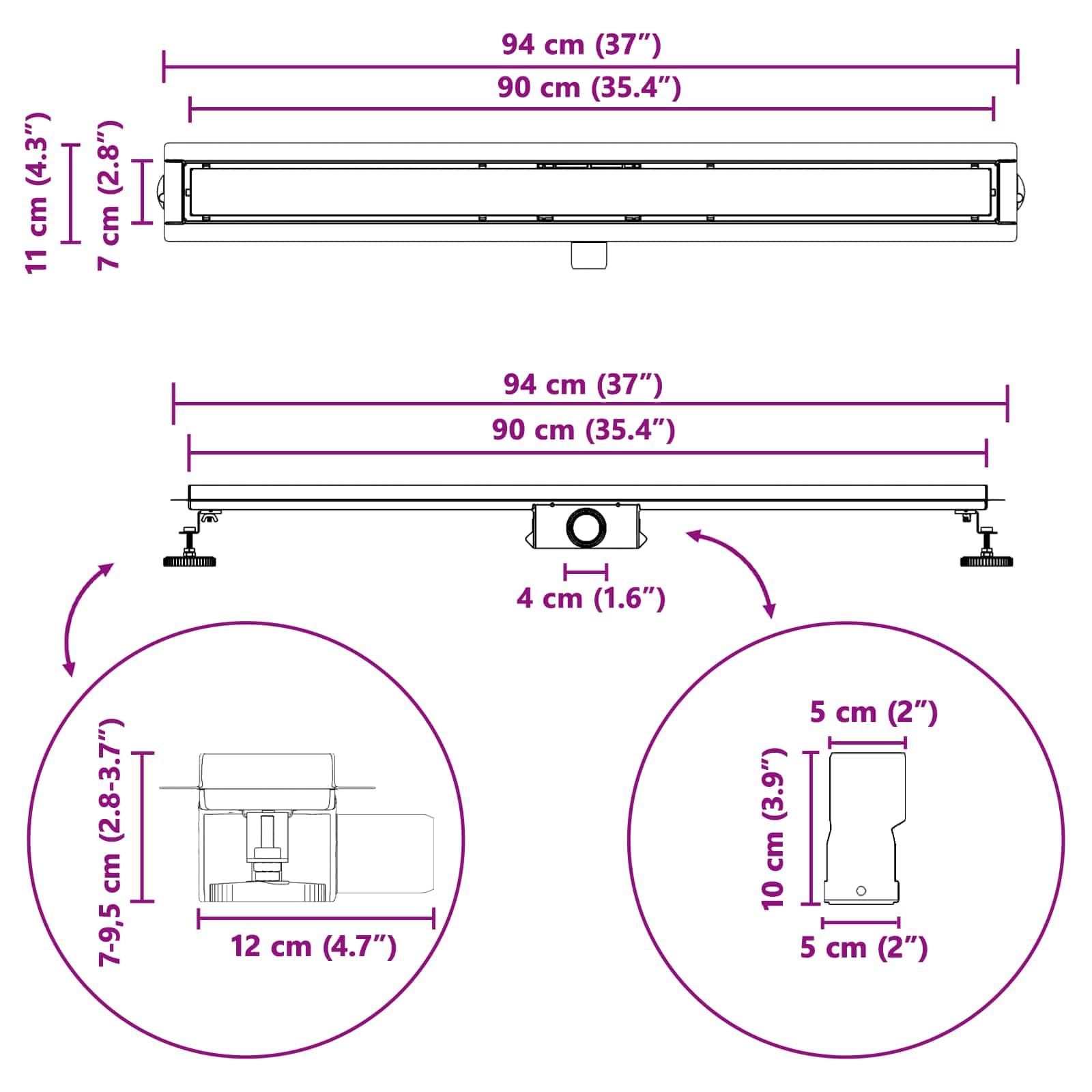 vidaXL Drenaggio Doccia 2 in 1 Nero 90 cm Acciaio Inox 304, Stile per Il Bagno, Scarico Doccia Moderno, Soluzione idraulica, Accessori per Il Controllo dell'Acqua