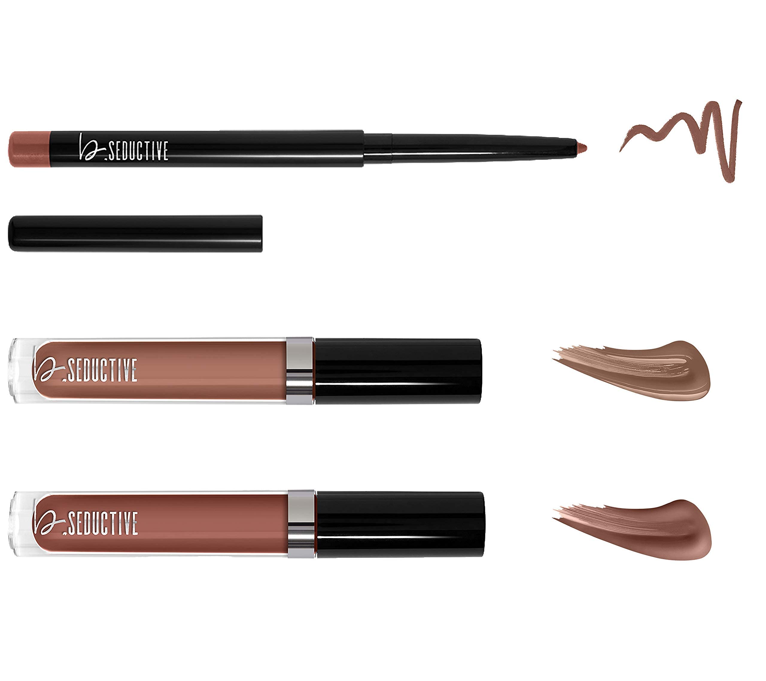 One Click Beauty b.Seductive 3-Piece Lip Kit, Longwear Makeup, Smudge Proof Liquid Lip Colors and a Lip Liner, Velvet Finish, The Warm Nudes