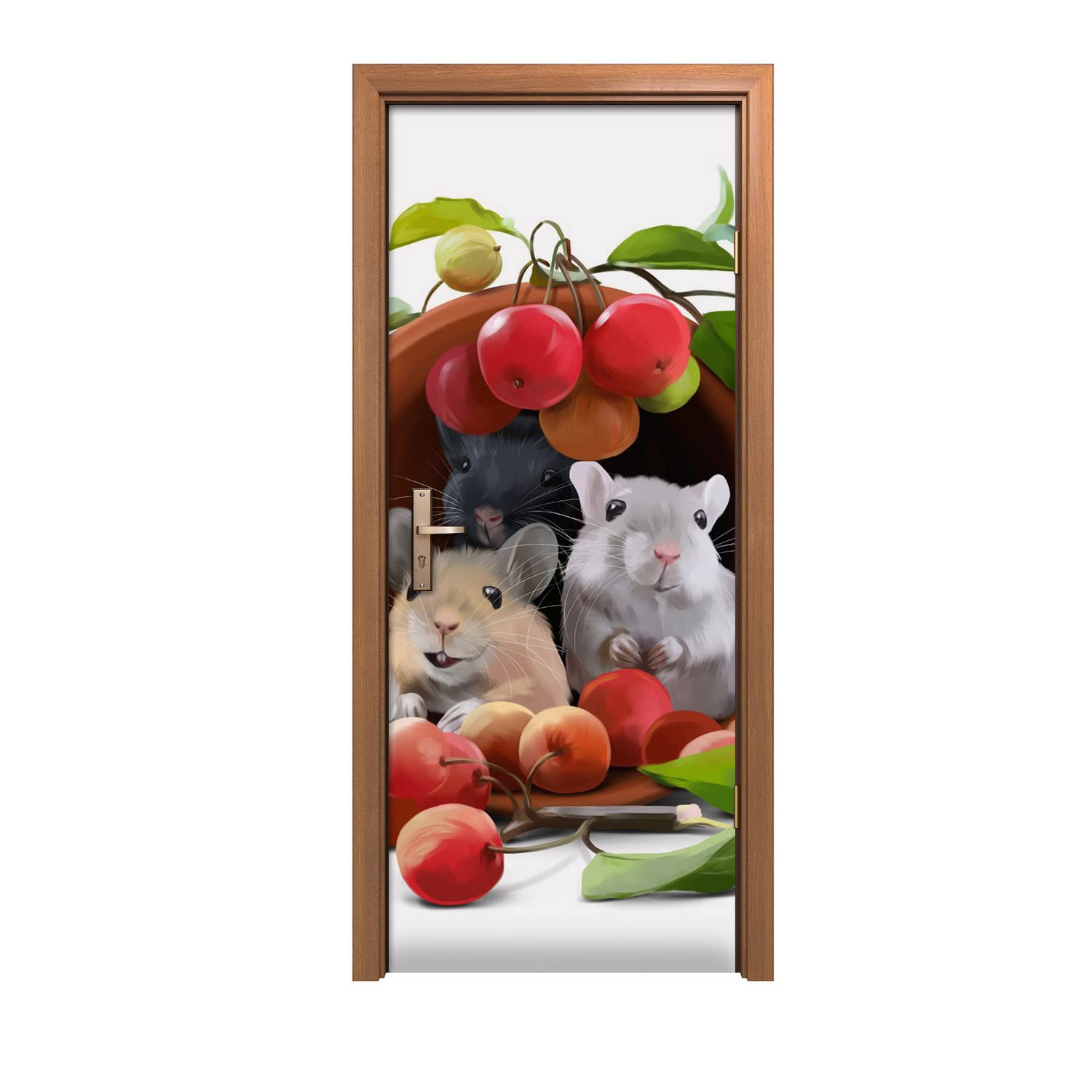 Autocollant de porte design chat rat fruits déco murale adhésive 90x200