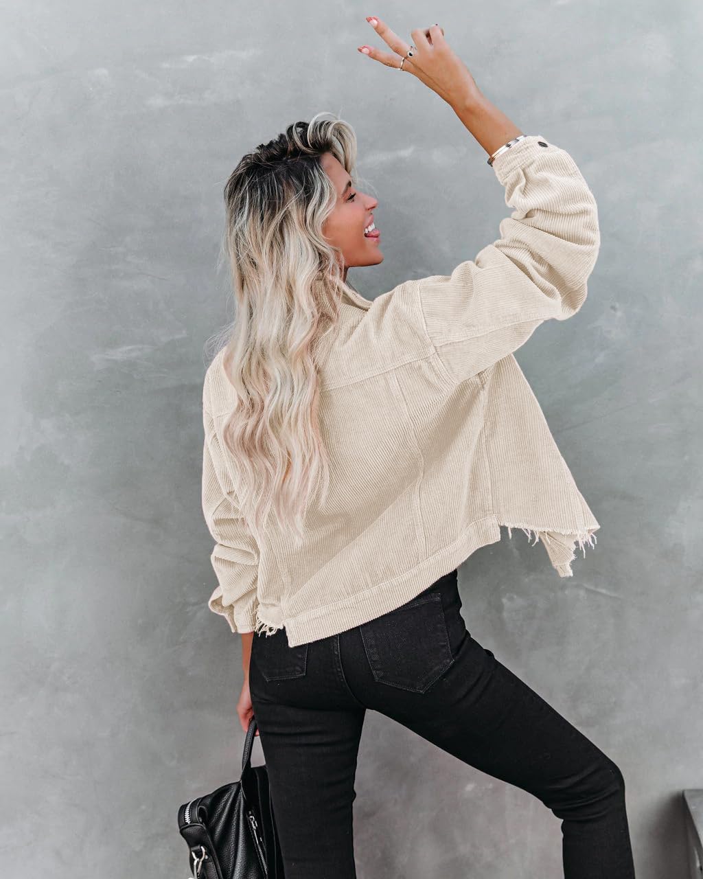 Womens Cropped Corduroy Jacket Casual Button Down Shacket Coat Fringe with Frayed Hem