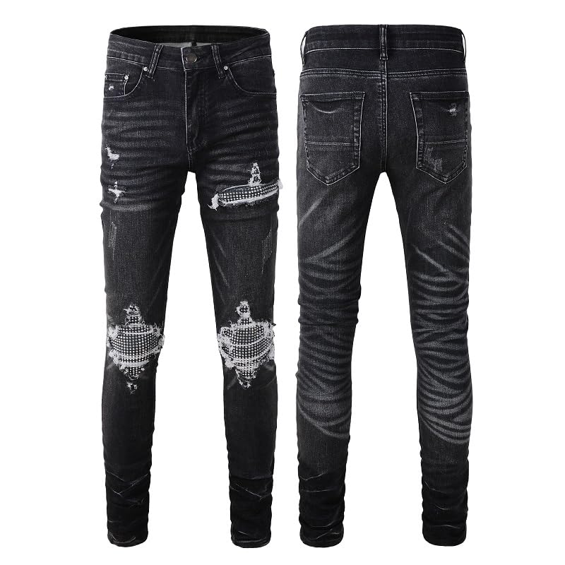 Mens Crystals Knee Patchwork Jeans Skinny Stretch Slim Distressed Ripped Rhinestone Stacked Stripe Pant