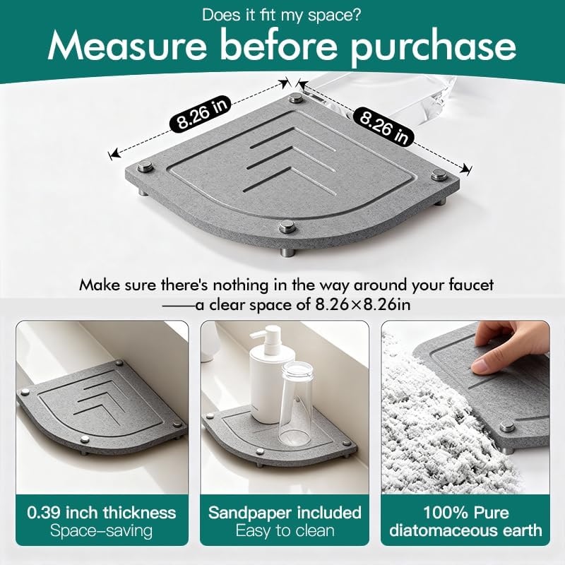 Garvee 2 Pcs Water Absorbing Stone Drying Tray, Quick Dry Diatomite Bathroom Sink Kitchen Counter Vanity Organizer, Instant Dry Soap Dish Sponge Holder Dispenser Caddy, Grey