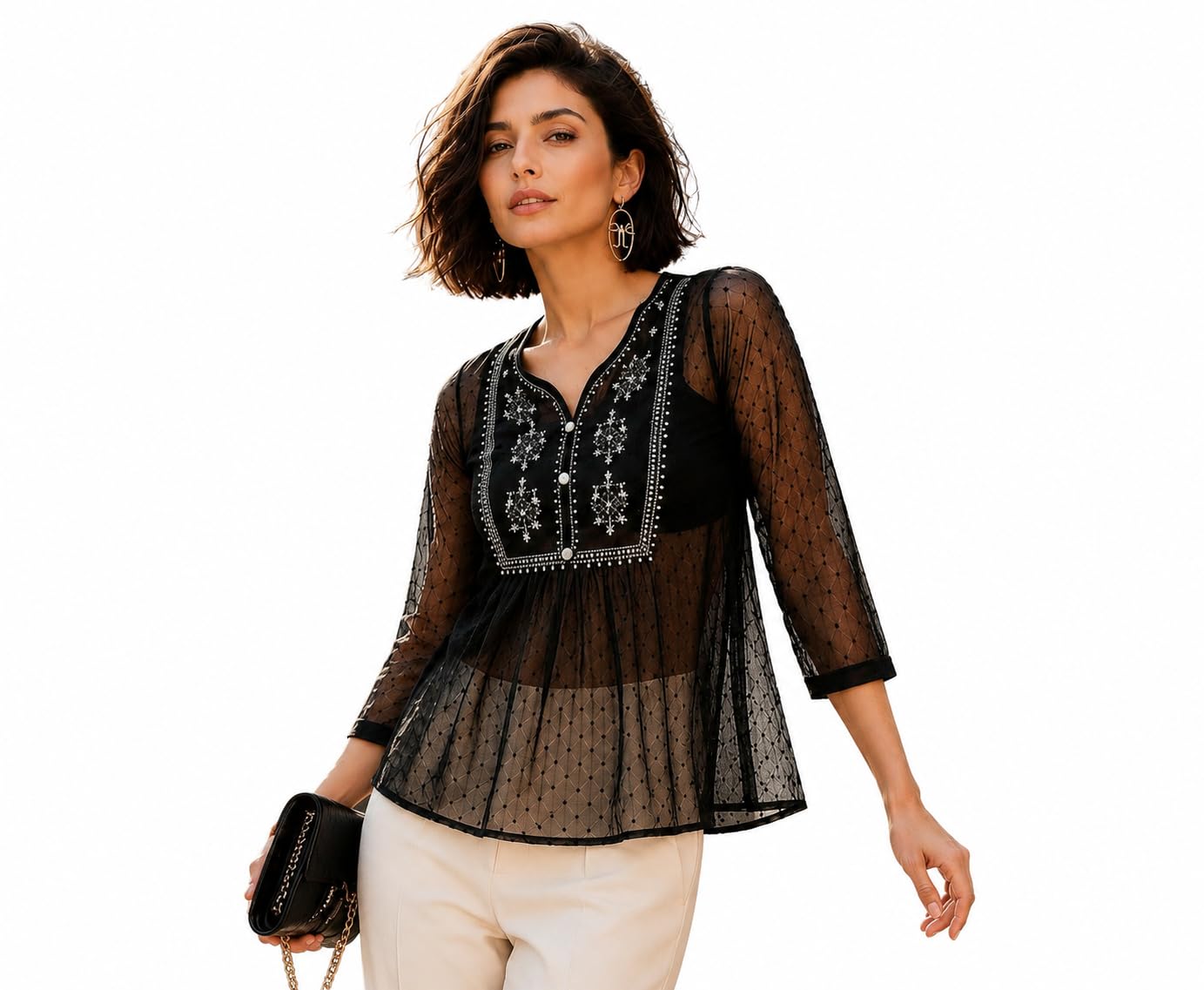 amazon brand - inkast Women's Solid Regular Fit Tunic Shirt | Tops | 3/4th Sheer Sleeves-picture-11