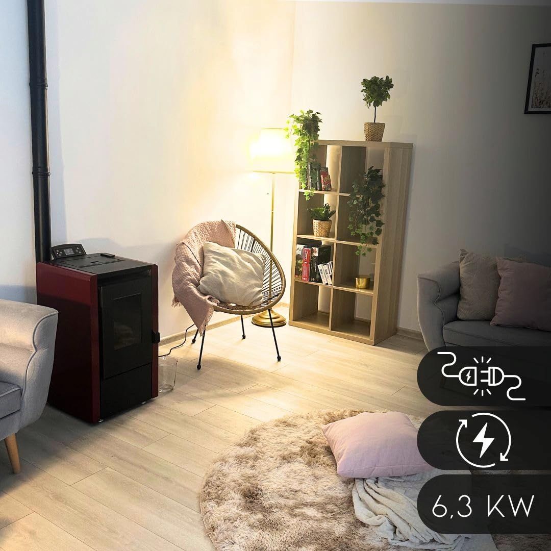 Estufa pellets THUNDER WLAN, automática, termostato, temporizador, kit tubo humos, acero, Ecodiseño, CE, BImSchV. (LEYLA RED, 6,3 KW)