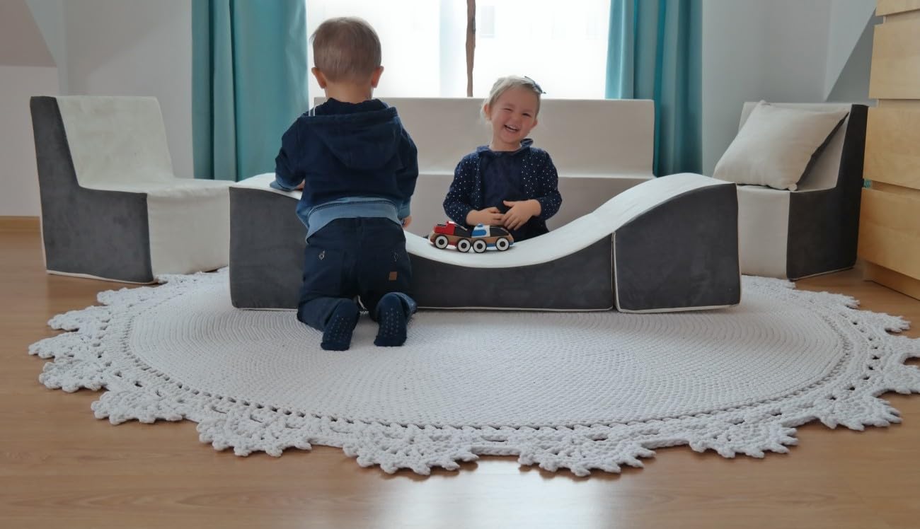 Velinda Kindersitzgruppe: Kinderstuhl+Sitzbank+Liegestuhl Kinderzimmermöbel Spiel-Set (Farbe: beige-grau)