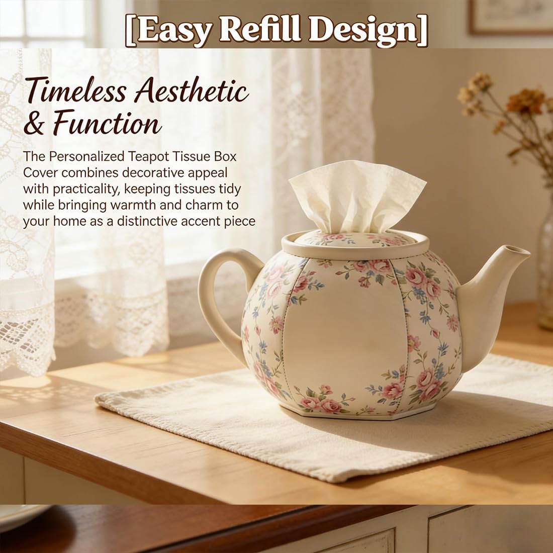Personalized Teapot Tissue Box Cover- Decorative Fabric Tissue Box Covers for Mom Tea Time, Shabby Chic Cottagecore Room Decor for Vanity and Nightstand, Unique Gifts for Women (2Pcs)